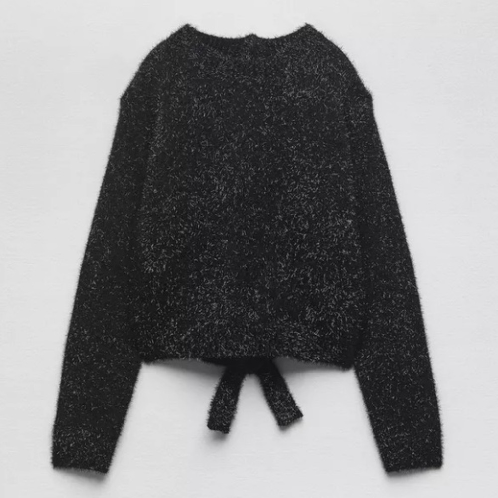 Zara NWT 5755/142 Black Eyelash Knit Open Back Metallic Shimmer Sweater